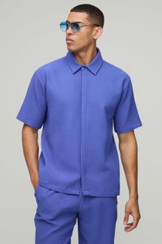 Camisa Oversize De Manga Corta Plisada Con Solapa Oculta, Azul