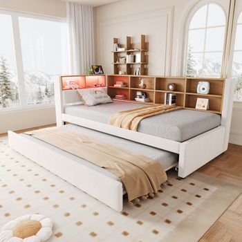 Cama Nido 90x200 Cm + 90x190 Cm Con Compartimentos, Sofá Cama - Tejido De Franela - Led, Puertos Usb Y Tipo C - Beige (sin Colchón)