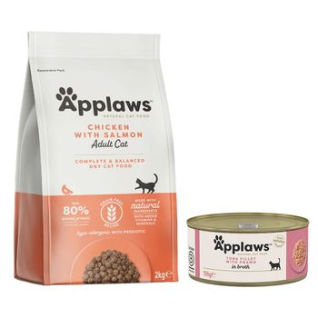 Pack nutrición mixta: pienso + latas Applaws - 2 kg Adult con pollo y salmón + 6 x 156 g Filete de atún y gambas