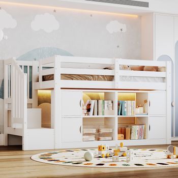Cama Alta Blanca De 90 X 200 Cm Con Armarios, Estantería Y Escalera