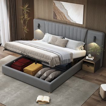 Cama Contenedor 180 X 200 Cm Con Respaldo Extralargo, Lámpara De Lectura Y Toma Usb - Terciopelo - Color Gris (sin Colchón)