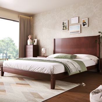 Cama De Plataforma 160x200 Cm, Marrón, Con Cabecero Y Somier De Lamas