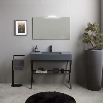 Mueble De Suelo Con Caballete Metálico Negro Mate 100cm, Lavabo Gris De Resina Y Espejo 100x60