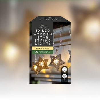 10 LED Wooden Star Battery Op String Lights