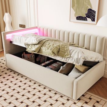 Cama Canapé 90x200 Cm Con Cabecero Intercambiable - Leds - Terciopelo - Beige