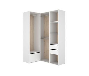 Armario vestidor esquinero 1 zapatero 2 barras metalicas y 2 cajones suit - blanco/roble natural - ancho 105 x prof 124 cm - homekit