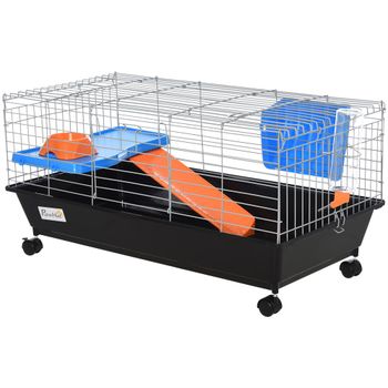 PawHut Jaula Roedores Pequeños con Ruedas Comedero Bebedero y Rampa 89x44x43