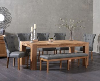 Madrid 200cm Solid Oak Table with Camille Faux Leather Chairs and Camille Faux Leather Bench - Grey, 2 Chairs