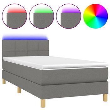 Cama Individual | Cama Para Adultos | Cama Box Spring Con Colchón Y Led Tela Gris Oscuro 90x190 Cm