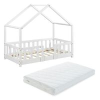 cama para ninos de madera pino treviolo con colchon ortopedico - 70 x 140 cm - cama infantil - con reja protectora - casita - forma de casa - blanco lacado mate encasa