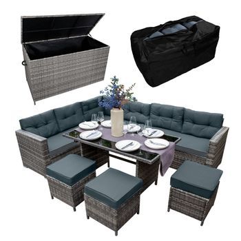 Juego De Esquinero De Comedor De Ratán Y Caja De Almacenamiento Para Jardín De 582l - Gris