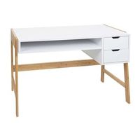 mesa de ordenador escritorio con dos cajones 76x115x58 cm mdf blanco y bambu 040006058