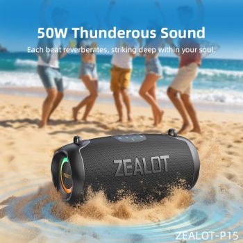 Altavoces Bluetooth Zealot-p15 de 50W con Bajos Mejorados, Altavoz Inalámbrico Portátil para Exteriores, 10 Horas de Duración, Resistente al Agua IPX6, Bluetooth 5.4