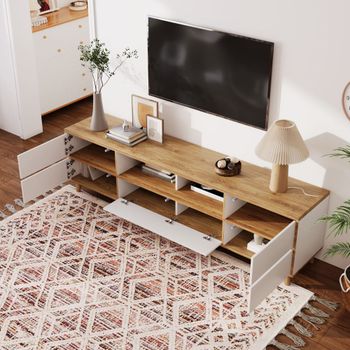 Mueble tv bajo con puertas y estantes 175 cm patas de madera, blanco