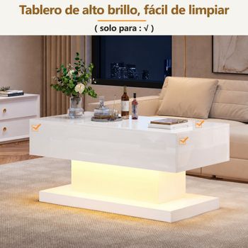 Mesa De Centro Elevable Hidráulica Blanca Con Led, 100 X 50 X 45 Cm