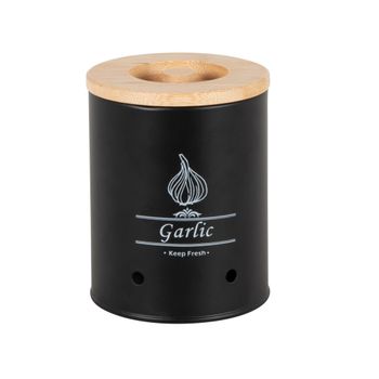 Tarro para ajos de metal negro con tapa de bambú Alt. 14 cm