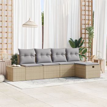 Conjunto De Sofá De Jardín  De 5 Piezas Con Cojines Beige De Poliratán V8105 Unico / Beige