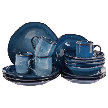 Conjunto De 16 Piezas Vajilla De Gres Caolín Artesanal Acabado Esmalte Reactivo Azul Hawthorn