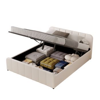 Cama Con Canapé Abatible 140 X 190 Cm En Terciopelo Beige Tampa