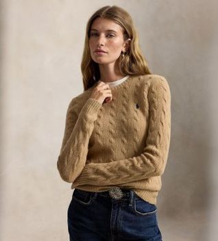 Polo Ralph Lauren para mujer. 211971865002 Jersey de lana y cachemira marrón (XS), Beige, Casual, Manga larga