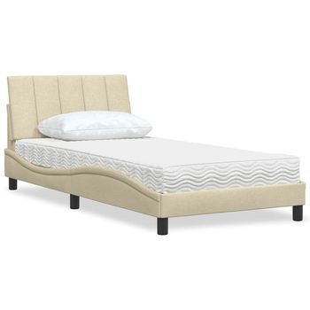 Cama Individual | Cama Para Adultos | Cama Con Colchón Tela Color Crema 100x200 Cm Cfw507454