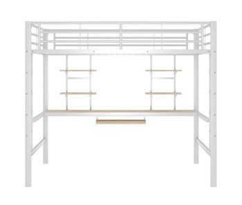 Cama alta 140x200 - con escritorio y 2 estanterías, metálica - blanca