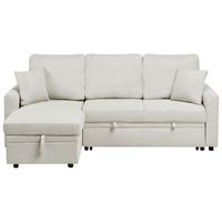 sofa cama esquinero moderno derecho tapizado de poliester lino sintetico cojines adicionales espacio de almacenaje beige claro nassjo