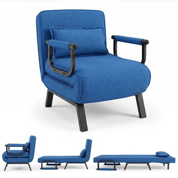 Costway Sofá Cama Convertible Individual Azul Plegable con Brazos y Almohada 3 Modos Uso Sillón Tumbona Cama 186 x 64 cm para Salón Dormitorio