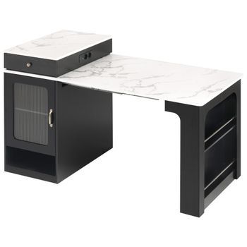 Isla De Cocina Extensible Mdf 71×80×92 Cm, Ruedas, Encimera Imitación Mármol, Enchufes, Almacenamiento, Color Blanco Y Negro