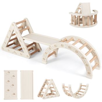 Costway Set de Triángulo para Niños Juguetes de Escalada Montessori 5 en 1 con Trepador en Forma de Triángulo Arco y Escalera Doble Café