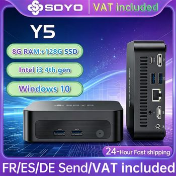 SOYO Mini PC Y5 con procesador Intel Core i3 de 4.ª generación, 8 GB de RAM, 128 GB SSD, Windows 10, miniordenador de escritorio, salida multipantalla 4K, WiFi y Bluetooth 4.2, USB-C, RJ45, Ethernet,