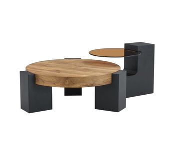 Mesa de centro redonda - 2 niveles, cristal marrón y patas mdf negras - negro/madera