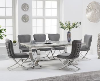 Haven 200cm Grey Marble Table With Giovanni Velvet Chairs - Grey, 6 Chairs