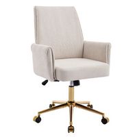 silla de oficina giratoria con altura ajustable respaldo medio ergonomico tela a rayas y base de metal dorado