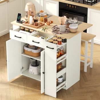 Isla De Cocina Con Mesa Extensible, Enchufes Y Dos Taburetes, 120 × 45-75 × 96 Cm