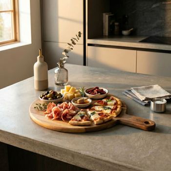 Tabla redonda para pizza 33 cm con canal y asa acacia aceitado madera