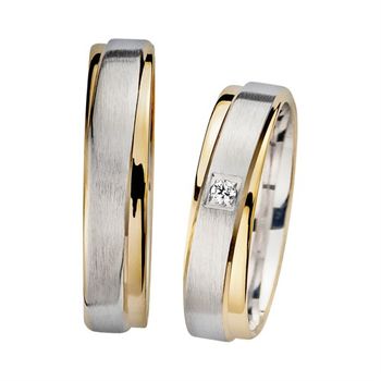 Alianzas oro amarillo y blanco con diamante ancho 5 mm