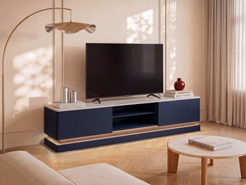Mueble bajo de tv madera azul oscuro, blanco