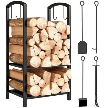 Outsunny Estante para Leña de 2 Niveles Metálico con 4 Herramientas para Chimenea Interior y Exterior 40x30x74,5 cm Negro   Aosom España