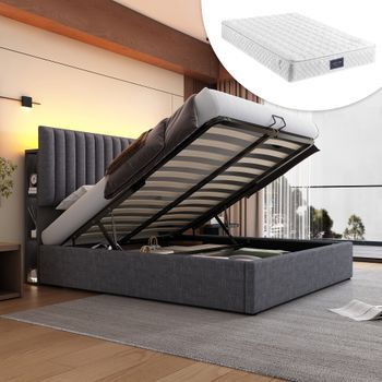 Cama Contenedor 160 X 200 Cm Con 4 Cajones Y Toma Usb C - Cabecero Regulable En Altura - Gris + Colchón