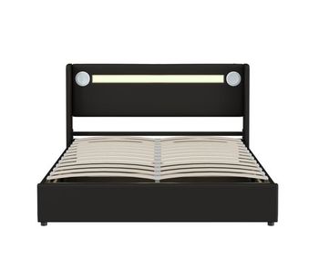 Cama contenedor tapizada en piel sintética 160x200 cm con led, reproductor bluetooth y puertos de carga usb - con somier - negro