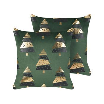 Conjunto De 2 Cojines De Terciopelo Árboles De Navidad De Estampado 45 X 45 Cm Con Relleno Fundas Extraíbles Verde Goldspruce