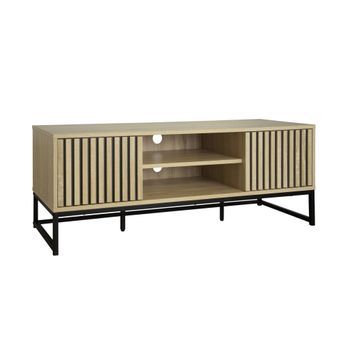 Mueble Tv 2 Puertas De Madera Ranurada Y Metal Negro L 120, Natural