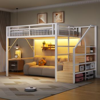 Sweiko Cama Alta 140x200 Cm Estructura Hierro Con Tira Led, Escalera Con Almacenaje, Espacio Libre Para Disfrazarse, Blanca - Blanco