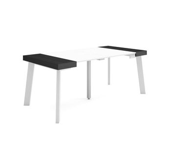Mesa consola extensible, mesa comedor plegable, 180x90x73cm, para 8 comensales, patas de madera, estilo moderno, blanco y negro