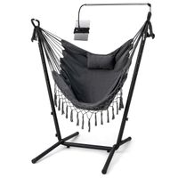 costway silla hamaca con soporte altura ajustale de 6 niveles carga 250kg hamaca portatil jardin exterior con armazon porta telefono almohada gris