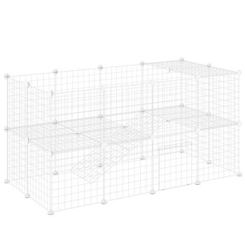 PawHut Jaula para Animales Pequeños Valla Metálica Modular para Mascotas con Puerta Rampa y Paneles de ABS 146x73x73 cm Blanco
