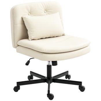 Silla De Oficina Sin Reposabrazos, Altura Ajustable, Asiento Ancho, Cuero Sintético, Beige