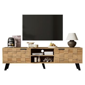 Mueble De Tv 160 Cm Para Salón, Mesa Para Tv 55 Pulgadas Con 2 Puertas Y Compartimentos Abiertos, Patas Altas, Madera