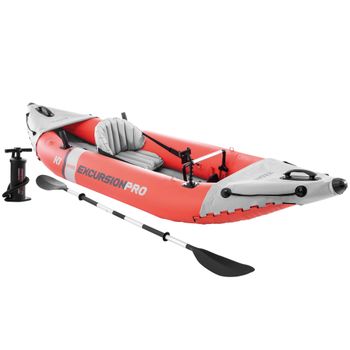 INTEX - Kayak hinchable Excursion Pro K1 o K2, 1 o 2 personas, de vinilo resistente, con 2 quillas, 2 soportes para caña de pesca, incluye remo e hinchador, asiento, respaldo y suelo hinchables,